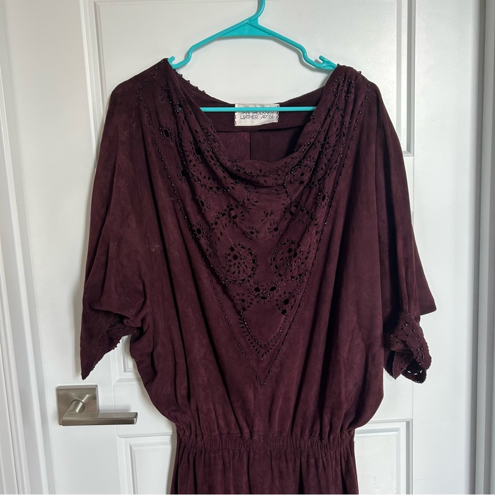 Jan Faulkner Leather Artist Beaded Half Sleeve Maxi Dress made with Suede